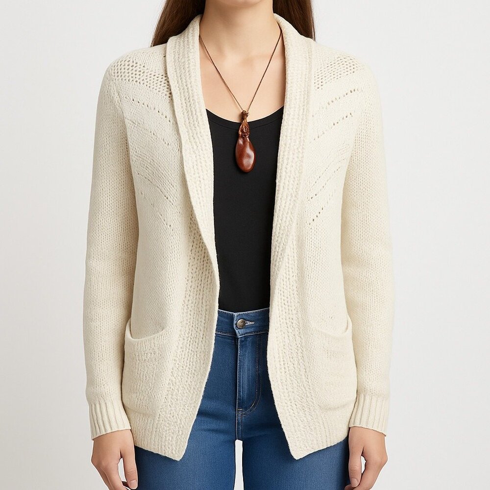 Knox Rose Open Front Knit Cardiganβ XS Cream Long Sleeve Lightweight Sweater
